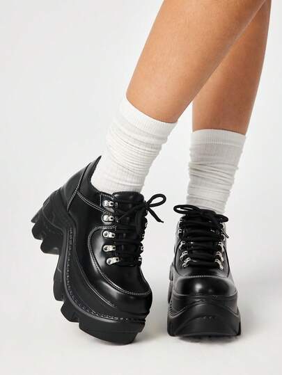 Grunge Punk Women's Y2K Punk Rock Lace-Up Chain Goth Shoes, Black Loafers, Mary Jane Oxfords, Formal Work Shoes, Platform & Wedge Heels