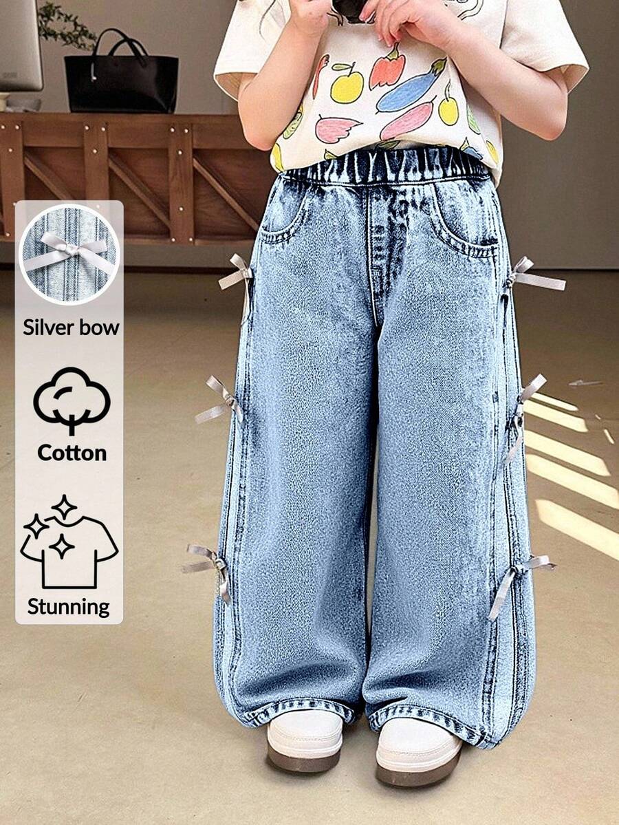 Elladie kids Girls' Fashionable Butterfly Decor Denim Wide Leg Casual Straight Jeans - Medium Wash - View 1