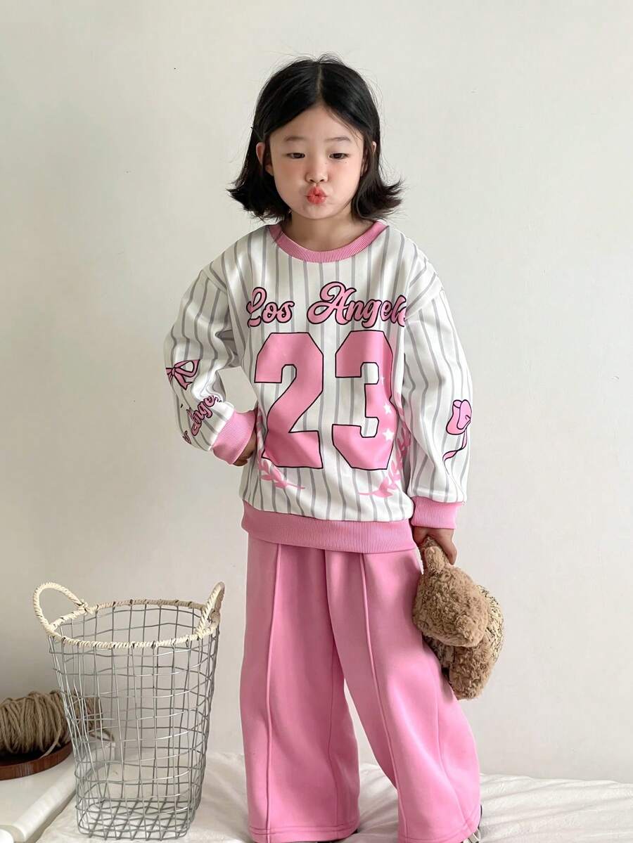 SHEIN 2pcs/Set Girls Casual Fleece California 23 Graphic Long Sleeve Sweatshirt And Pants Set, Autumn/Winter - Pink - View 1