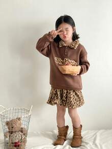 SHEIN 2pcs/Set Young Girls Vintage Letter Applique Sweatshirt And Leopard Print Mini Skirt,Back-To-School School Winter Outfit,Cute & Fashionable Outfit - Multicolor - View 7