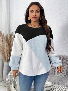 EMERY ROSE Sudadera de cuello redondo con bloques de color cálidos y acolchados en talla grande - Azul - Ver 3