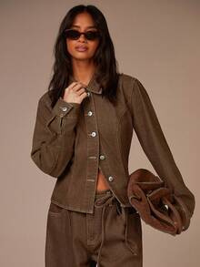 Athîral 女士时尚纯色常规肩长袖前开襟休闲百搭牛仔外套 - 咖啡棕 - 查看 3