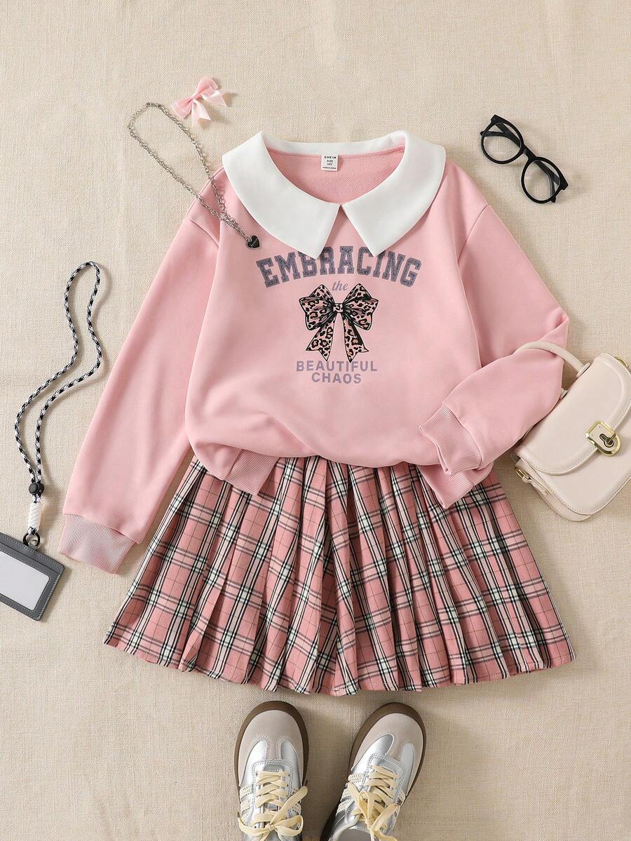 Explorewe SHEIN KIDS , Gifts For 11 Year Old Girls,2pcs Girls Fashion Casual Long Sleeve Cute Princess Collar Sweatshirt With Bow Print Pattern, Soft Fabric Top And Versatile Pleated Plaid Skirt, Suitable For Christmas, Halloween, Autumn