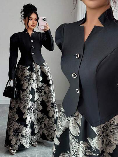 Elenzga 大码显瘦腰部开襟长袖上衣和裙子两件套