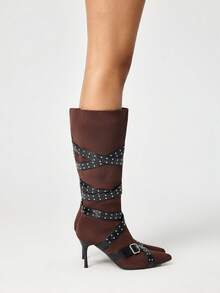 ROMWE Grunge Punk 女式新款尖头细高跟铆钉过膝长靴，黑色 - 摩卡棕 - 查看 4