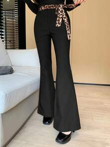DAZY Women's Elegant Leopard Print Belted Flare Pants, Autumn - Black - View 4