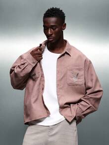 PLAYBOY X SUMWON Regular Fit Long Sleeve Corduroy Shirt With Embroidered Logo Detail - Khaki - View 5