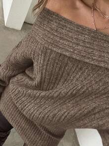 Aloruh Đầm ôm body ngắn hở vai thanh lịch và gợi cảm cho nữ, tay dài, màu trơn - Màu Khaki - Xem 7