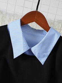Elenzga Bộ đồ sơ mi dài sọc xanh trắng cổ điển bán chạy nhất dành cho nữ cỡ lớn, không tay, viền dài xẻ tà, kết hợp với thắt lưng xích để thắt eo, thích hợp mặc khi đi làm, đi học và các hoạt động thường ngày khác - Nhiều màu - Xem 3