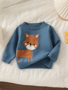 SHEIN Toddler Boys' Sweater With Small Fox, Dog, Shiba Inu Animal Patterns, Blue, Brown, White Pullover Sweater, Thick Soft Cozy, Suitable For Home, Outings, Vacation, Christmas Party, Halloween Party - Blue - View 1