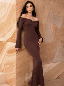 Modelyn Women's Fashion Minimalist Elegant Modern Urban Off Shoulder Oblique Shoulder Asymmetrical Shoulder Ruffle Flare Long Sleeve Pleated Neckline Draped Discounted Hollow Metallic Decor Minimalist Waist Slimming Bodycon Maxi Dress, Brown, Autumn/Winter - Brown - View 5