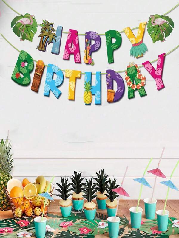 1 set Striscione di carta per compleanno tropicale hawaiano - Disegni colorati di fiori hawaiani e foglie di palma, per celebrazioni estive sulla spiaggia e feste a tema luau, decorazioni da appendere per interni/esterni