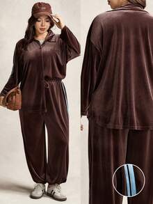 Comfylo Damen Große Größen Einfarbiger Langarm Cardigan Sweatshirt & Hose mit Verjüngtem Bein; Samt Hemdkragen Reißverschluss Cardigan + Lose Samt Tunnelzugbund Hose, Lässig, Ausgehend und Elegant Stil, mit kontrastierendem blauem Webband an der Seite, Zweiteiler. Damen Große Größen Lässig Zweiteiler: Brauner Samt Oberteil und Braune Hose; Modischer Brauner Zweiteiler - Braun - Übersicht 3
