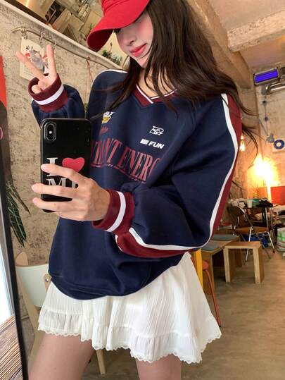 DAZY 女士V领撞色休闲套头卫衣，带保暖内衬