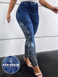 SHEIN Clasi 大碼女士花卉印花打底褲 - 藏蓝色 - 查看 1