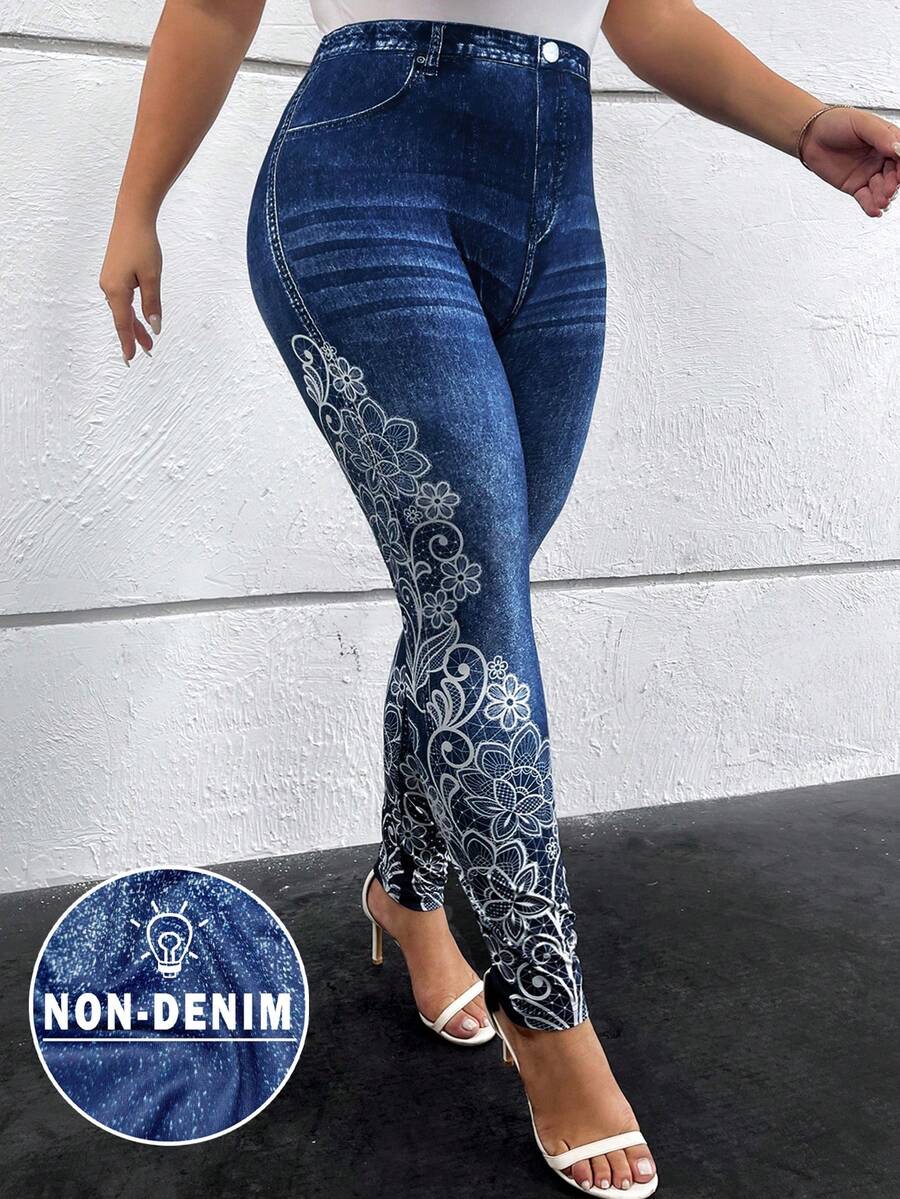 SHEIN Clasi 大碼女士花卉印花打底褲 - 藏蓝色 - 查看 1