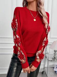 EMERY ROSE Áo len chui đầu cổ tròn đính nơ đính sequin ngày lễ tình nhân - Đỏ - Xem 3