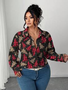 Elenzga Áo sơ mi tay dài cài nút họa tiết cây thông Noel cỡ lớn dành cho nữ - Nhiều màu - Xem 4