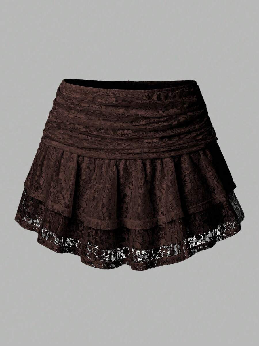 Qadelle 女士夏季假日蕾丝刺绣多层半身裙 Y2K 风格，适合假日派对 - 咖啡棕 - 查看 1