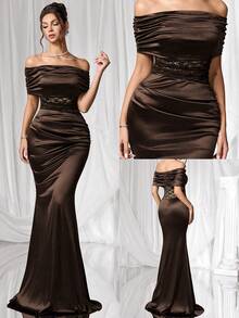 Coutiva Women's Elegant Off Shoulder Lace Patchwork Formal Evening Gown Women's Formal Evening Dress Gown (Heavy Embroidery) Women Rhinestone Embellished Sheer Black Long Evening Gown, Wedding Guest Dress, Elegant Evening Dress, Prom Dress, For Wedding Dress Waist And Chest Slimming, Party Dress, Formal Dress