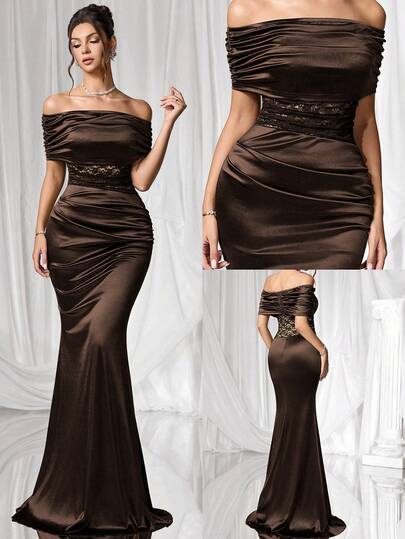 Coutiva Women's Elegant Off Shoulder Lace Patchwork Formal Evening Gown Women's Formal Evening Dress Gown (Heavy Embroidery) Women Rhinestone Embellished Sheer Black Long Evening Gown, Wedding Guest Dress, Elegant Evening Dress, Prom Dress, For Wedding Dress Waist And Chest Slimming, Party Dress, Formal Dress