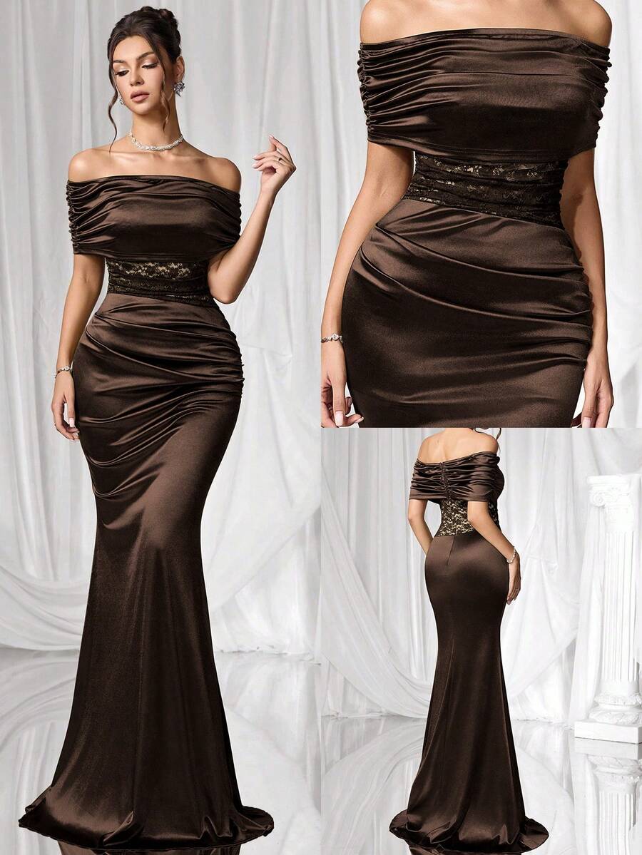 Coutiva Women's Elegant Off Shoulder Lace Patchwork Formal Evening Gown Women's Formal Evening Dress Gown (Heavy Embroidery) Women Rhinestone Embellished Sheer Black Long Evening Gown, Wedding Guest Dress, Elegant Evening Dress, Prom Dress, For Wedding Dress Waist And Chest Slimming, Party Dress, Formal Dress