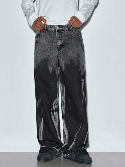 Modcrash 1条美式时尚手绘牛仔阔腿裤，男士休闲宽松街头风长裤（不含腰带和配饰），春夏款