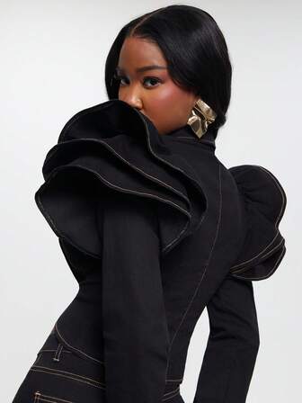 NYA SZN Destiny Jacket Cropped Seaming Long Sleeve Bolero Denim Ruffle Sleeve Stretch Dark Wash Office Business Casual Everyday Concert Western Special Event Party Elevated Raw Denim Classy Elegant Festive Holiday Christmas NYE New Years Eve  Fall Winter Outfits For Women