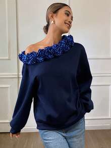 DAZY Fleece Patchwork Contrast Color Pleated Ruffle Oblique Shoulder Loose Long Sleeve Casual Sweatshirt For Women, Autumn/Winter - Navy Blue - View 5