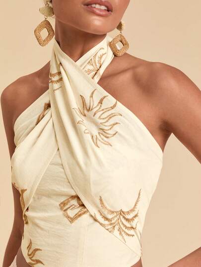 Travachic Women's Sleeveless Backless Halter Top With Embroidery, Vintage Fashion, Christmas, New Year's Eve, Thanksgiving, Elegant Party Top, Winter, Graduation, Prom, Luxury Evening, Summer Beach