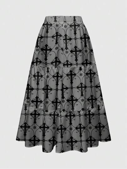 Goth 3-Layer Gothic Cross & Vine Print Black & Grey Pleated Skirt For Women