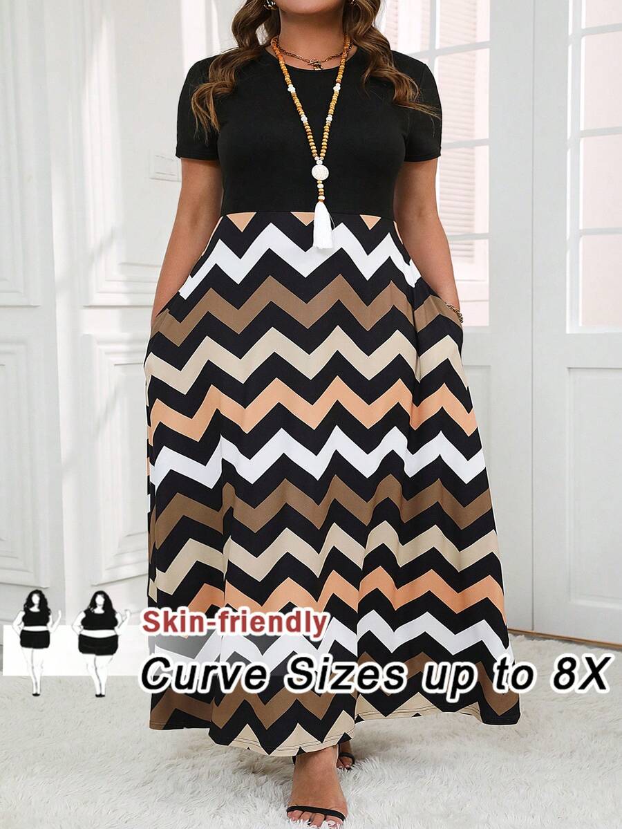 SHEIN CURVE+ 大码时尚印花休闲简约百搭弹力黑色修身通勤波西米亚风短袖连衣裙 - 彩色 - 查看 1
