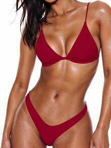 Oceva 2pcs/Set Solid Color Sexy Bikini Set, Beach Vacation - Burgundy - View 1