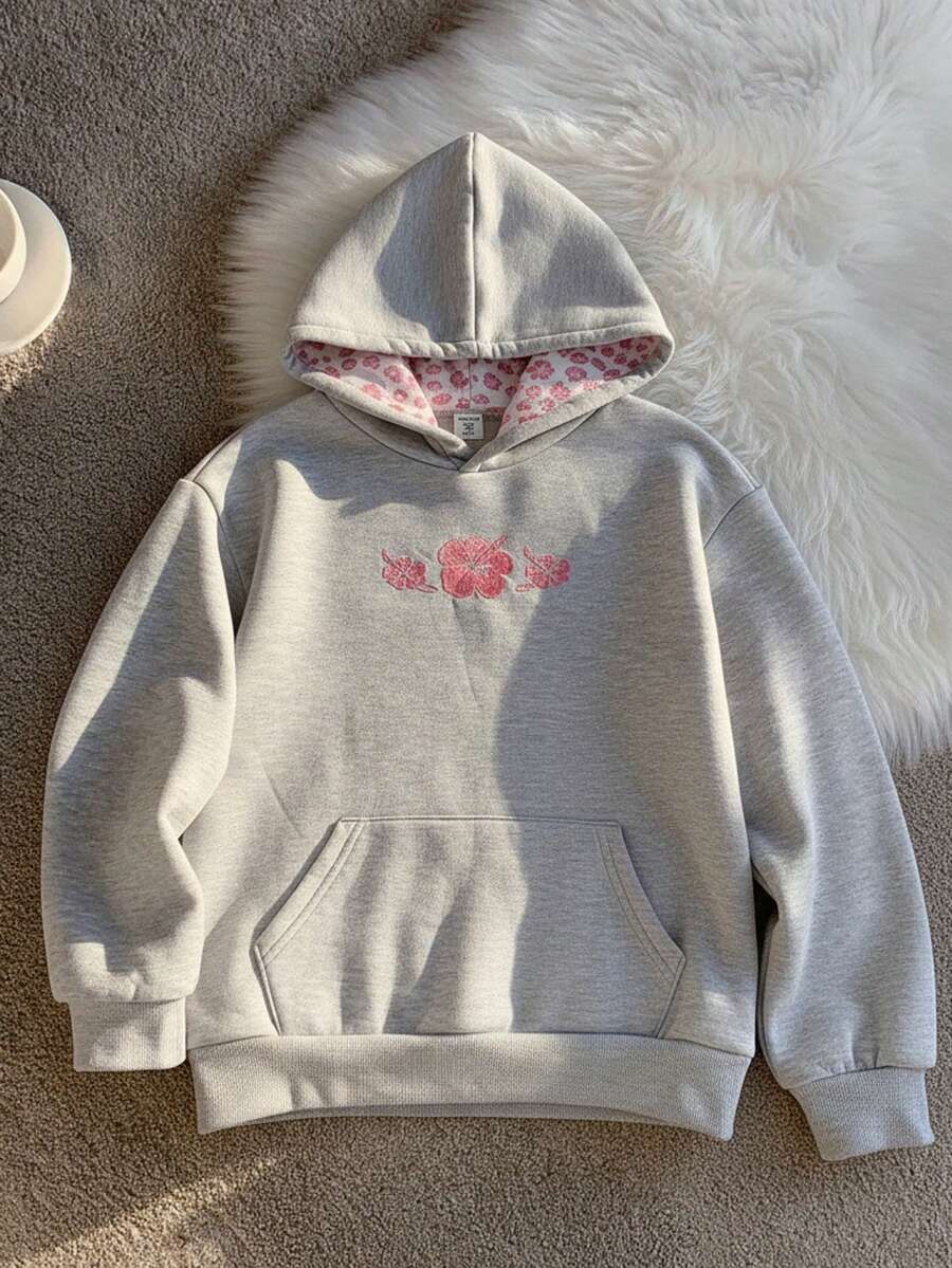 少女休闲可爱粉色蝴蝶结刺绣卫衣 - 灰色 - 查看 1