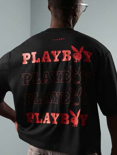 PLAYBOY X SUMWON Logo Graphic Crop Fit T Shirt With Repeating Brand Print Design