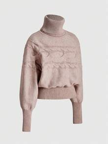 ROMWE Gentle Romantic Raglan Batwing Sleeve Turtleneck Pullover Sweater - Khaki - View 7