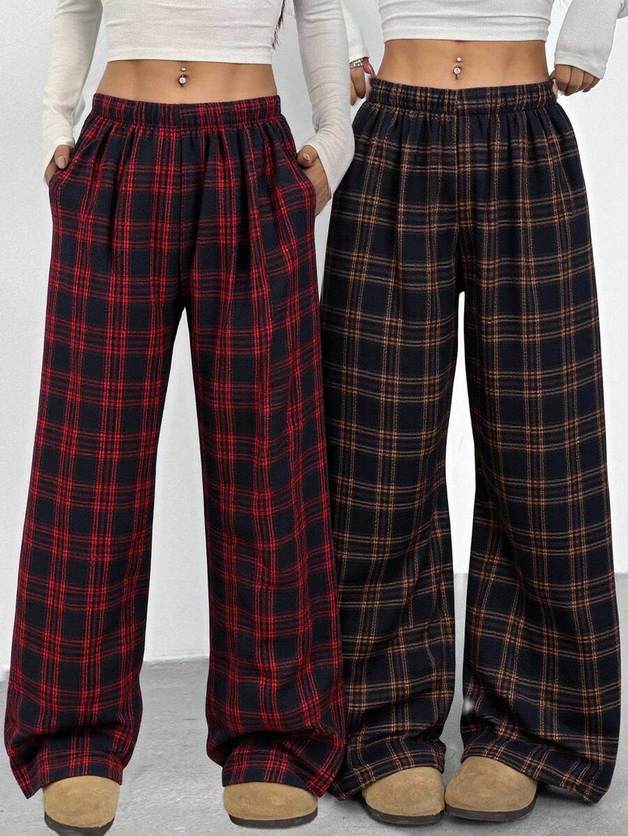 Sparklyn Set de 2 pantalones holgados a cuadros versátiles y casuales para adolescentes, adecuados para la escuela, el uso diario y el uso en la calle