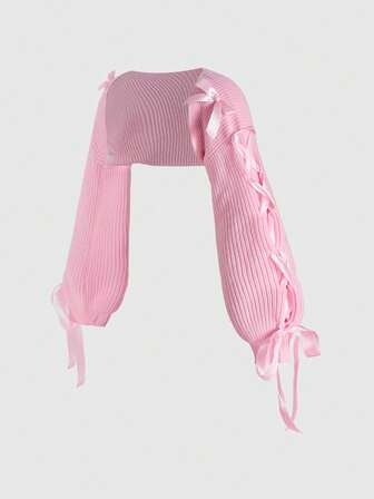 Plus Size Kawaii Versatile Solid Knit Cardigan With Bow, Pink/Winter