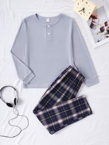 Tween Boy 棕色纯色舒适格子两件套睡衣套装（长裤和长袖） - 淺藍色 - 查看 5