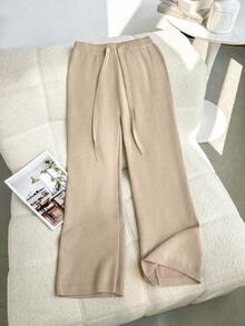 Franclia Petite 新款秋冬保暖宽松针织抽绳休闲毛衣裤套装（女款） - 杏色 - 查看 2