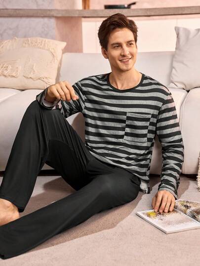 Manfinity Underwear&Sleepwear Basics Men's Colorblock Striped Print Patchwork Pocket Long Sleeve Top And Pants Loungewear Set, Spring/Autumn, Winter Clothes