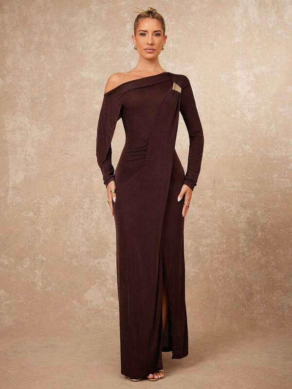 Lumalex Vestido ajustado de manga larga con diseño de volantes, cuello con volantes, hombro asimétrico y abertura, elegante y sexy, para primavera/otoño