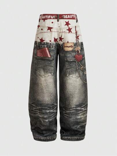 Street Life Jeans à ourlet incurvé avec patchwork imprimé 2 en 1 pour hommes