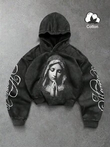 PAVTROS 男士圣母玛利亚肖像及字母印花美式街头风连帽衫，秋季卫衣，男士舒适秋冬款式，圣诞女士上衣，圣诞男士连帽衫，男士礼物，圣诞礼物 - 黑色 - 查看 1