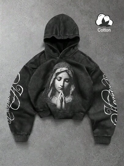 PAVTROS 男士圣母玛利亚肖像及字母印花美式街头风连帽衫，秋季卫衣，男士舒适秋冬款式，圣诞女士上衣，圣诞男士连帽衫，男士礼物，圣诞礼物