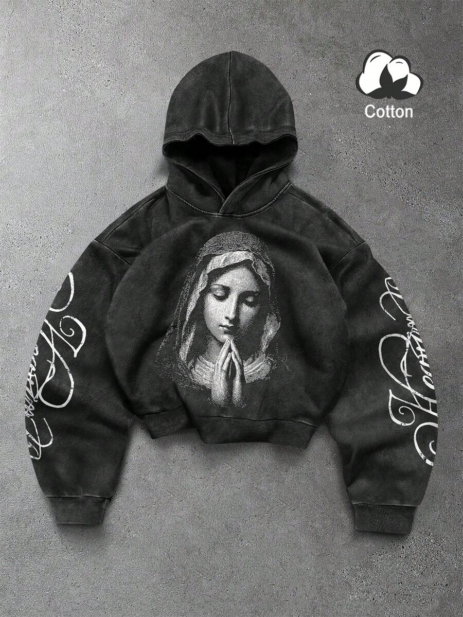 PAVTROS 男士圣母玛利亚肖像及字母印花美式街头风连帽衫，秋季卫衣，男士舒适秋冬款式，圣诞女士上衣，圣诞男士连帽衫，男士礼物，圣诞礼物 - 黑色 - 查看 1