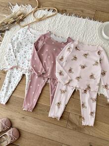 LMoss Kids 2件套女婴针织花卉小熊图案荷叶边领休闲T恤和裤子家居服套装 - 彩色 - 查看 4