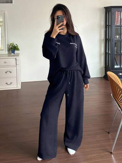 DAZY Women's Letter Print Decoration Loose Fit Sweatshirt Homewear Set, Autumn/Winter