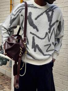 Manfinity EMRG Áo len nam thời trang thường ngày mùa thu/đông, chất liệu dày dặn, cổ tròn, dáng rộng, áo len dệt kim, áo len họa tiết, áo len chui đầu, áo len phong cách grunge, áo len thể thao thập niên 90, áo len đường phố nam, tay dài. - trắng - Xem 3