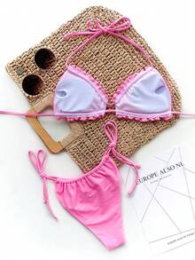 Bonvoyette Conjunto de bikini con volantes, cuello halter y frente retorcido de unicolor